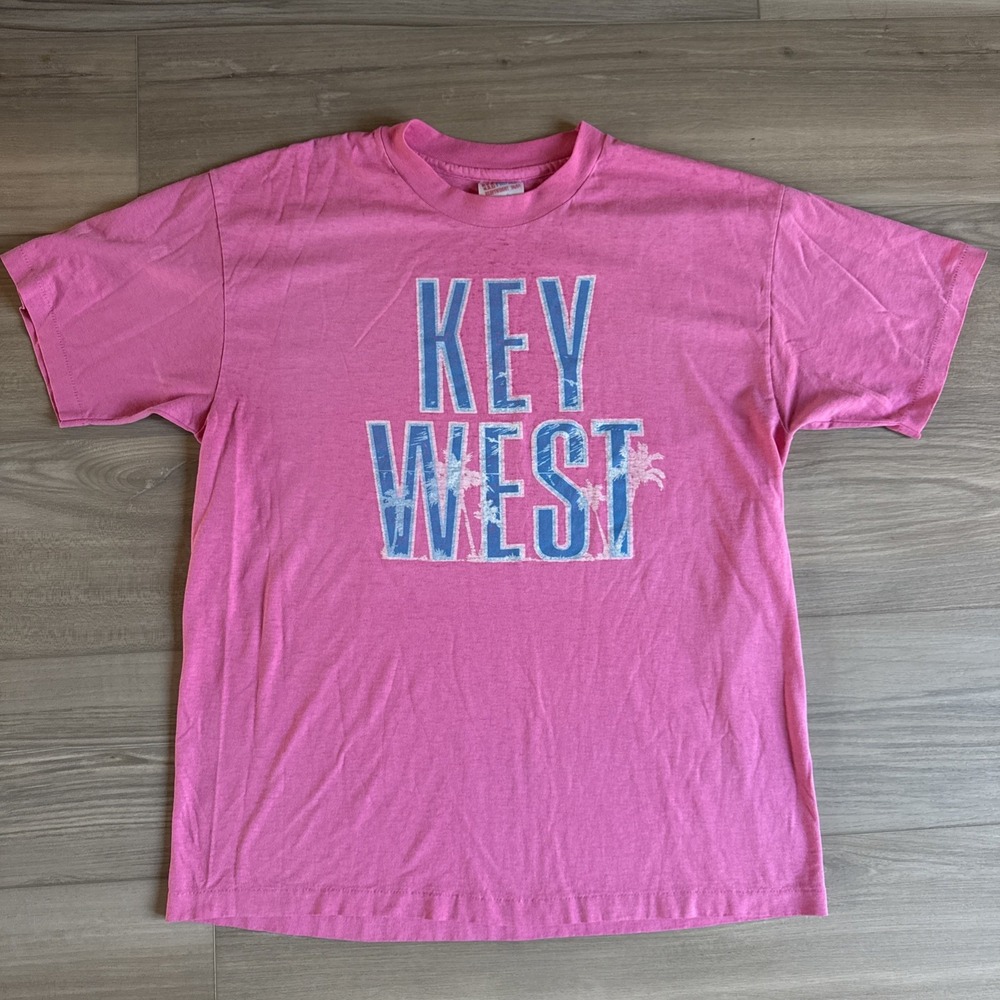 VINTAGE‎ Key West Florida Hanes 50/50 Single Stitch Pink Blue Shirt Large Unisex